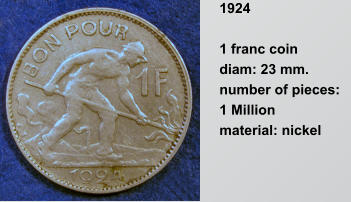 1924  1 franc coin  diam: 23 mm.  number of pieces: 1 Million material: nickel